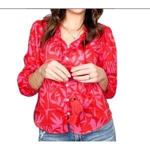 Melissa Nepton Red Pink Floral Print Blouse Tassel‎ Tie Neck Top XS